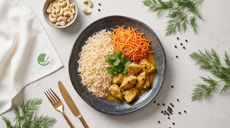 Kurczak w sosie korma z ryżem basmati i indyjską surówką z marchewki i nerkowców