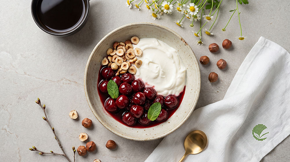 Skyr z orzechami laskowymi i karmelizowanymi wiśniami