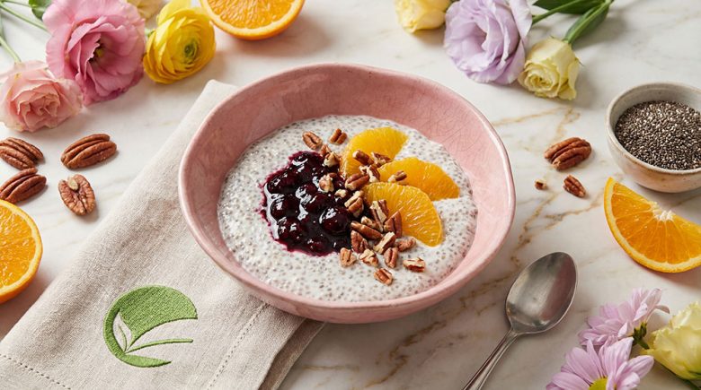 Keto pudding chia z orzechami pekan, porzeczką i pomarańczą