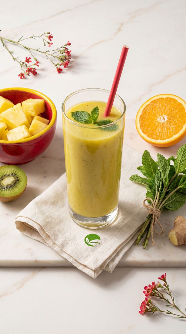 Ananasowo-kiwi smoothie z imbirem i miętą