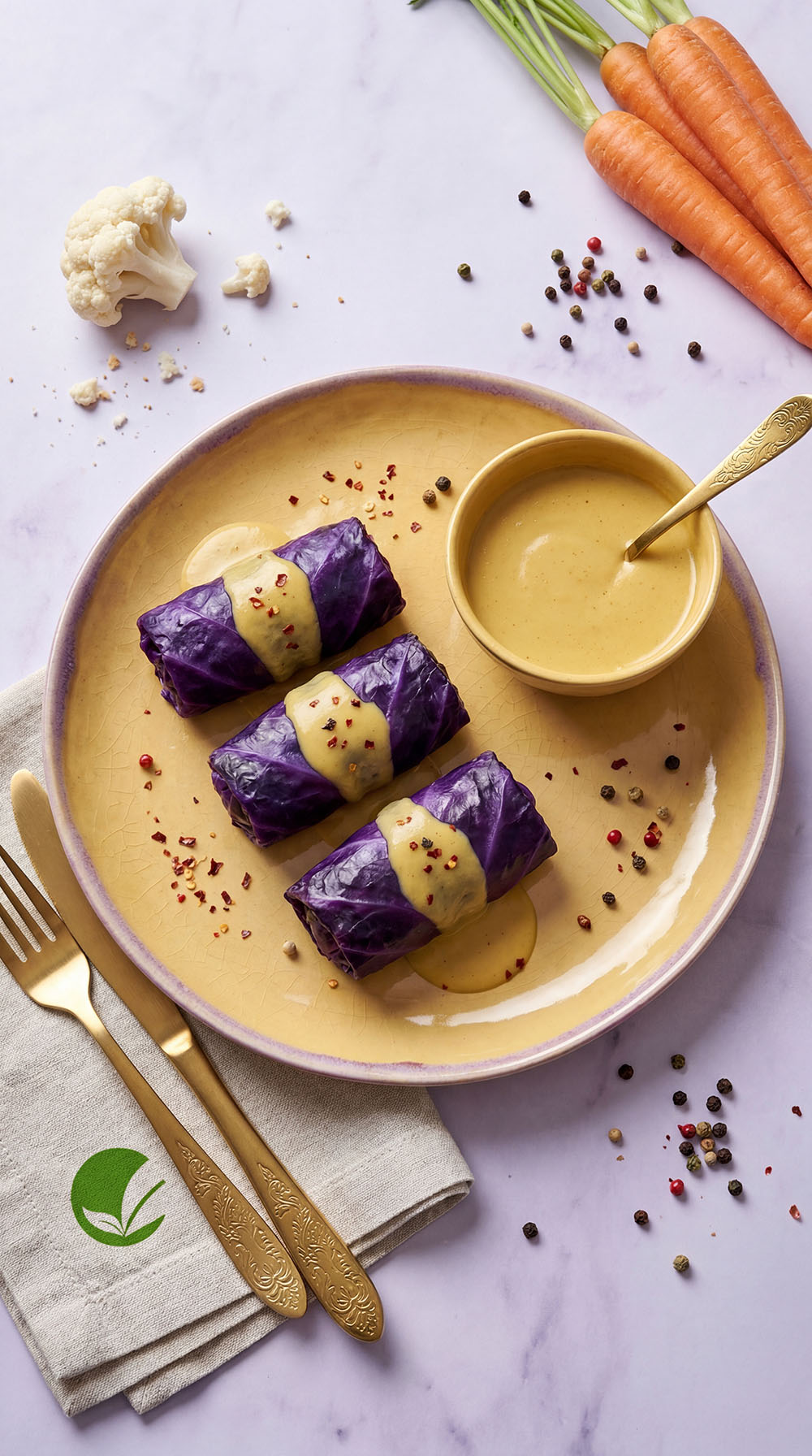 Gołąbki z czerwonej kapusty z warzywnym farszem i sosem kalafiorowym