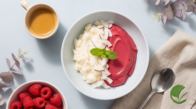 Kokosowy krem Rafaello z musem malinowym bez cukru na szybkie drugie śniadanie
