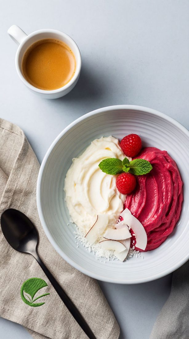 Kokosowy krem Rafaello z musem malinowym bez cukru na szybkie drugie śniadanie