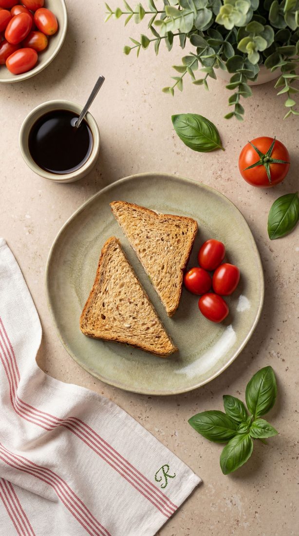 Kanapka proteinowa na chlebie białkowym z pesto bazyliowym, mozzarellą i pomidorkami