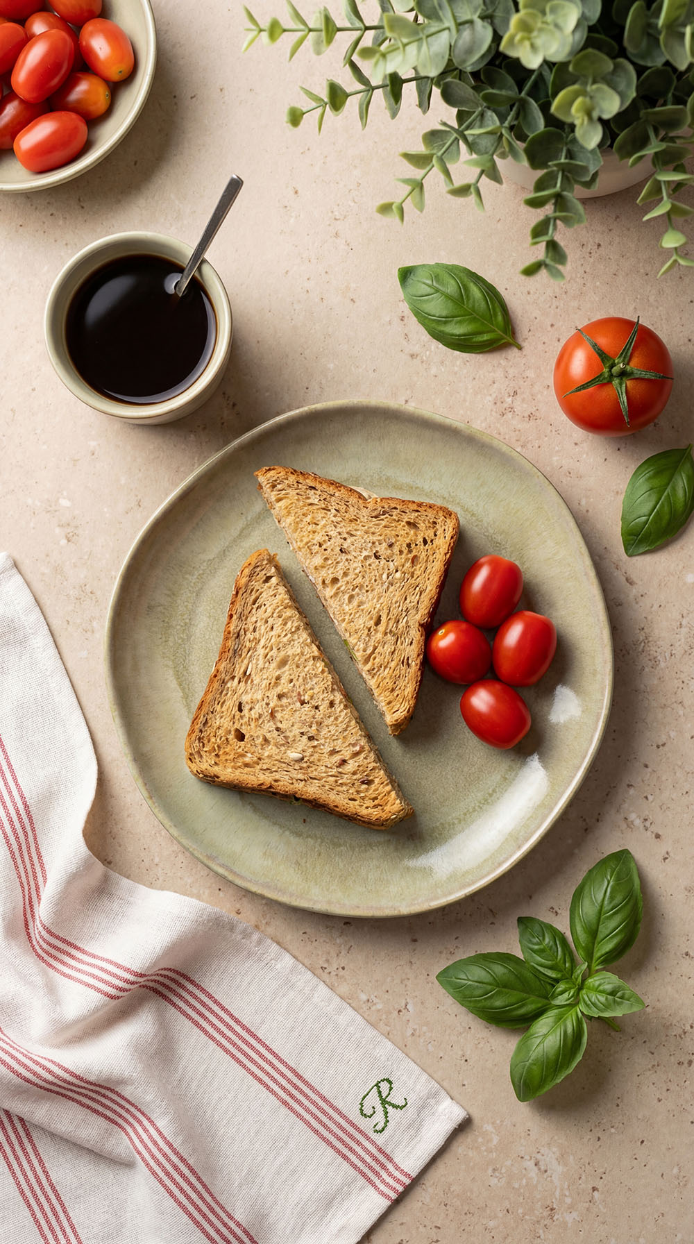 Kanapka proteinowa na chlebie białkowym z pesto bazyliowym, mozzarellą i pomidorkami