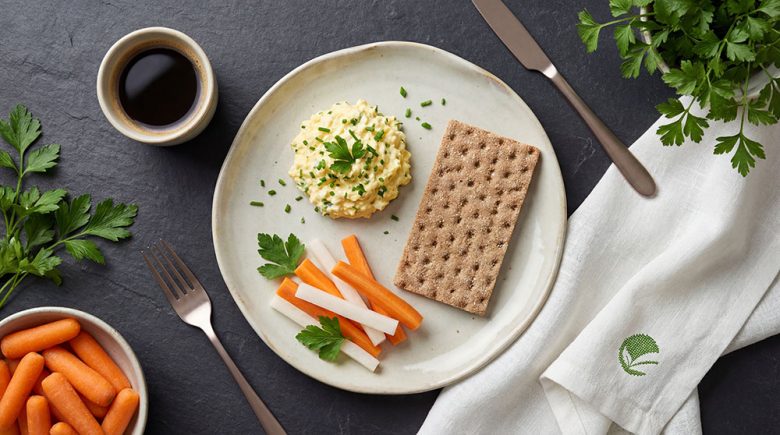 Pasta jajeczna z chrupkim chlebkiem i słupkami warzyw