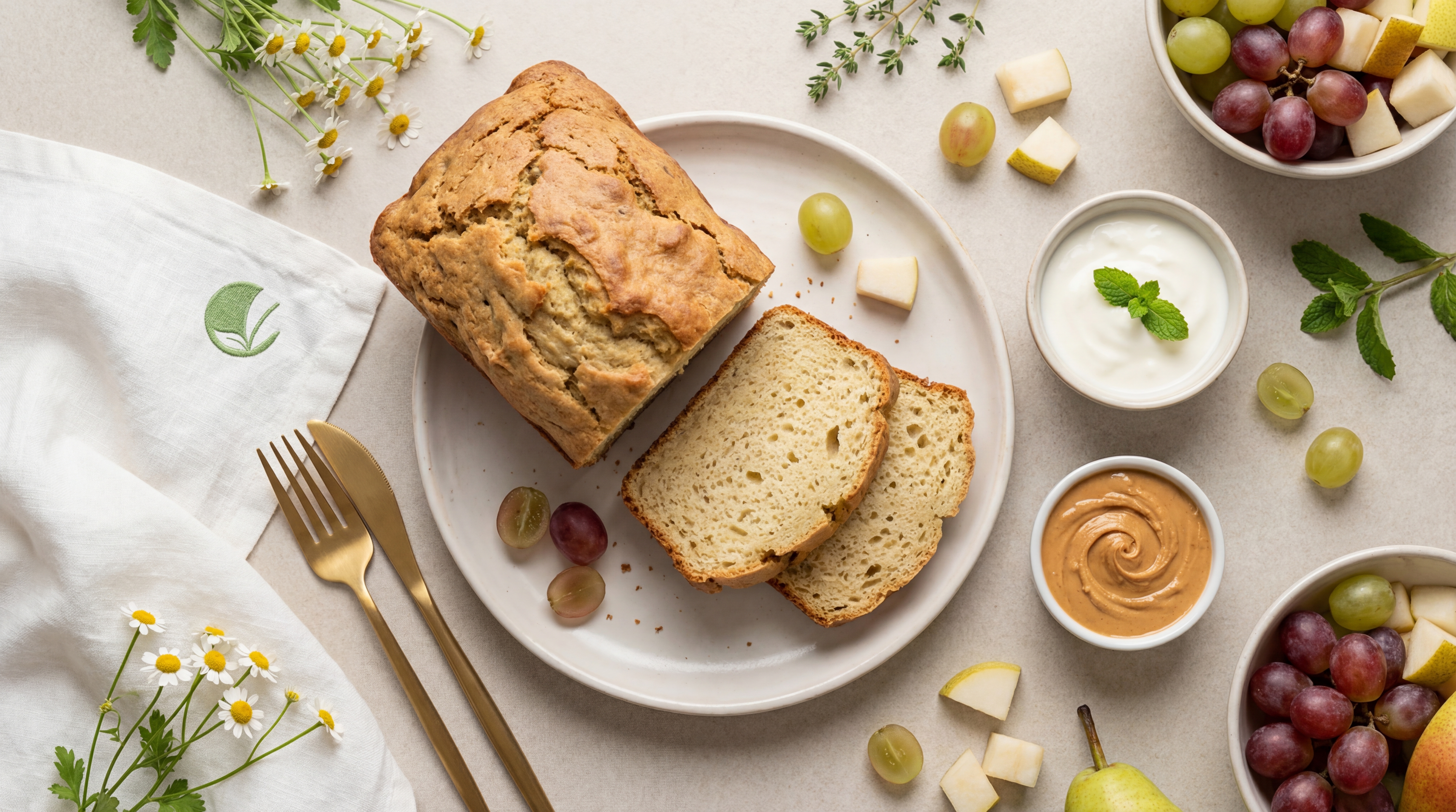 Chlebek proteinowy z jogurtem greckim, kremem orzechowym, gruszką i winogronami