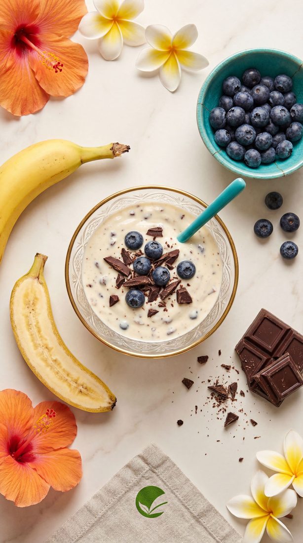 Jogurt bananowy stracciatella z musem jagodowym – szybkie drugie śniadanie