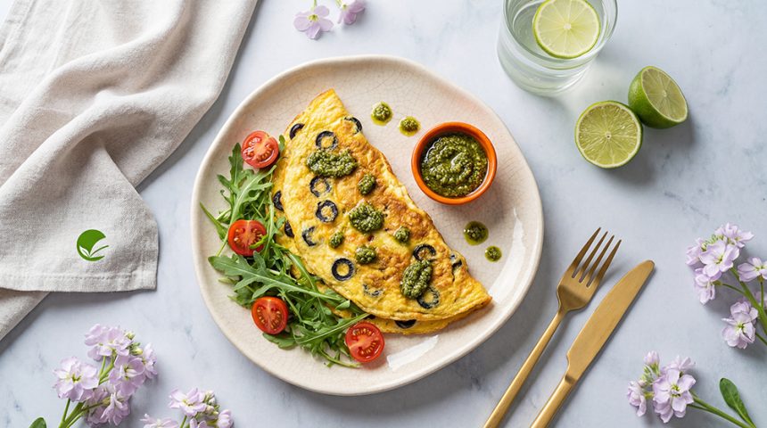 Śródziemnomorskie keto omlety jajeczne z oliwkami i pesto