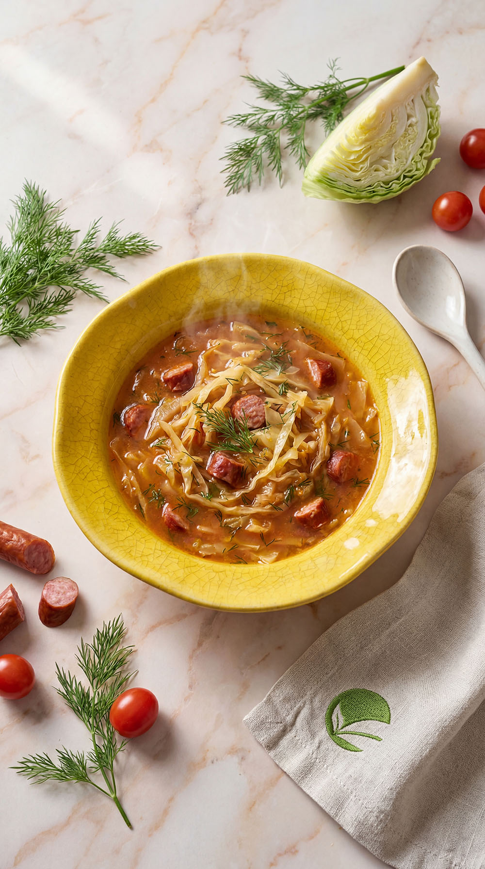 Keto kapuśniak pomidorowy z młodej kapusty z koperkiem i kiełbasą