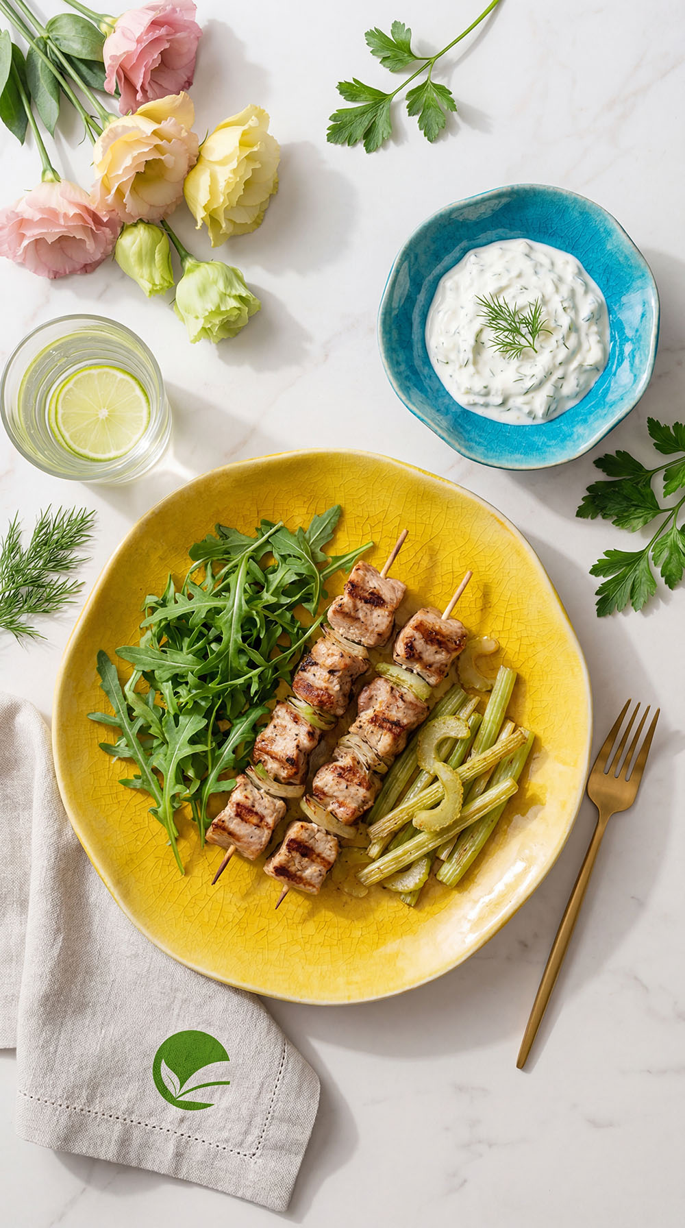 Keto souvlaki wieprzowe z sosem jogurtowym i selerem