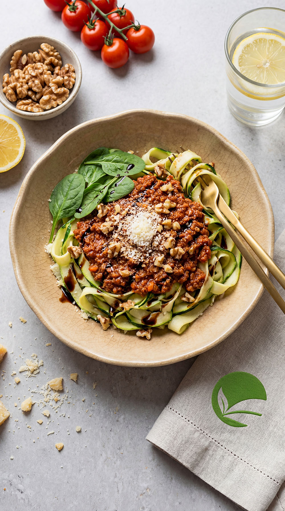 Keto spaghetti bolognese z makaronem z cukinii, parmezanem i szpinakiem