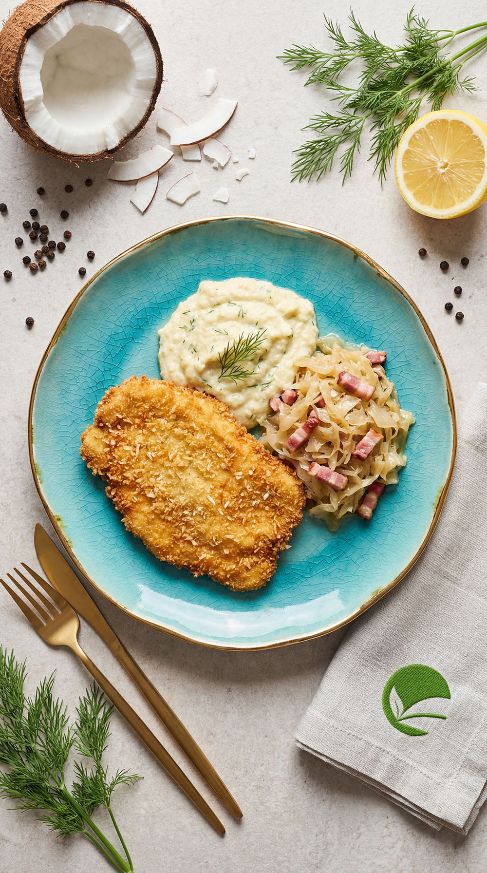 Keto kotlety schabowe w panierce kokosowej z purée kalafiorowym i duszoną kapustą