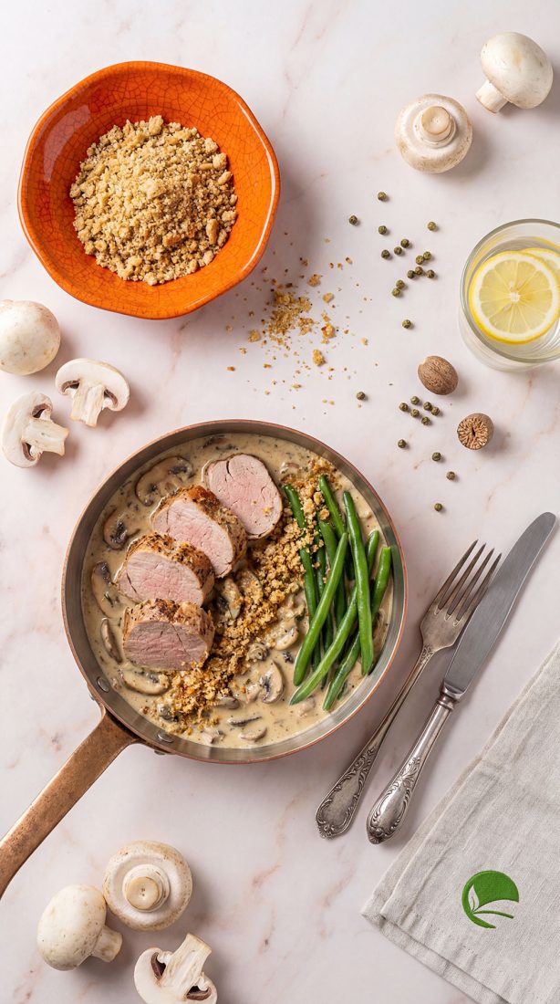 Polędwiczka wieprzowa w sosie grzybowym keto z fasolką szparagową