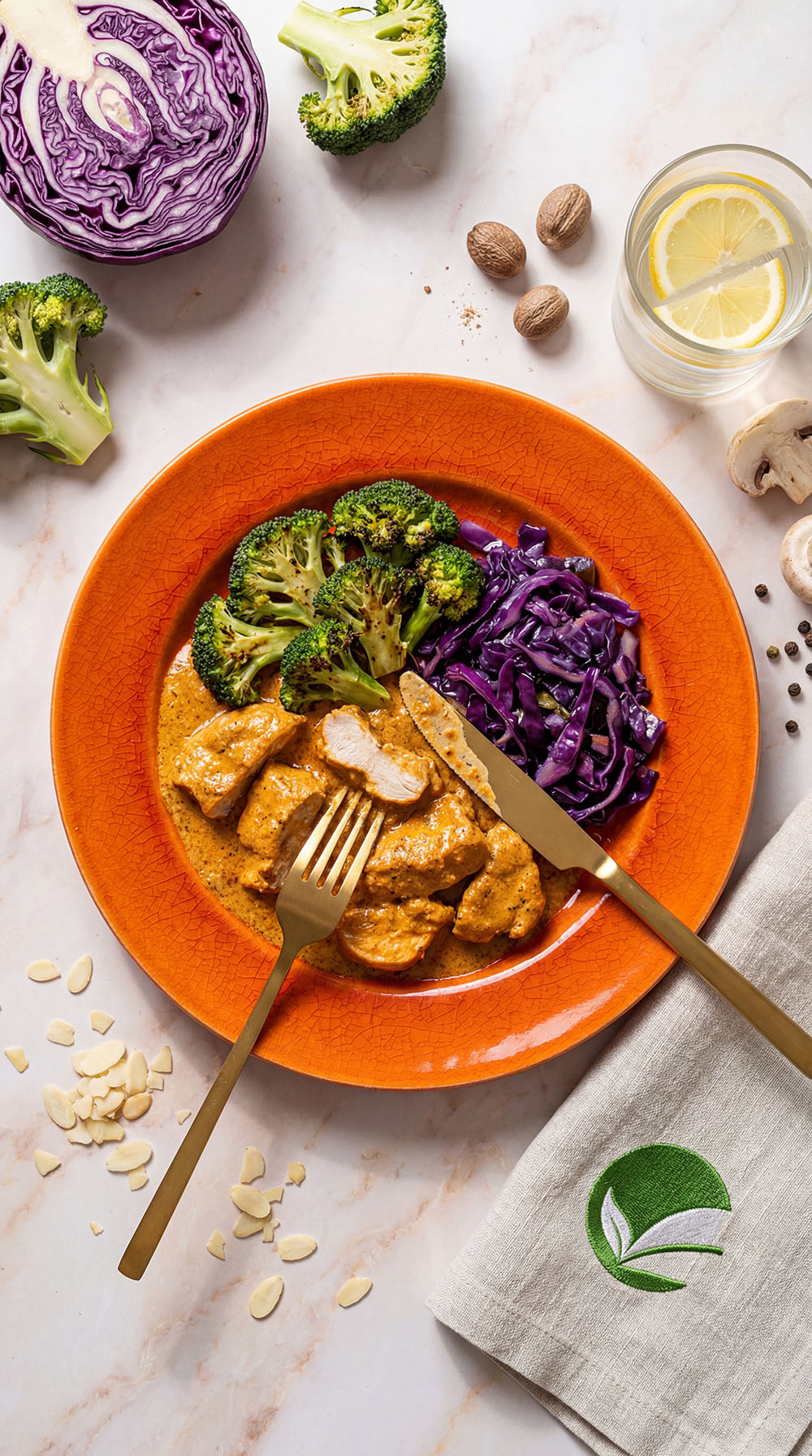 Butter chicken keto z brokułami i surówką z czerwonej kapusty