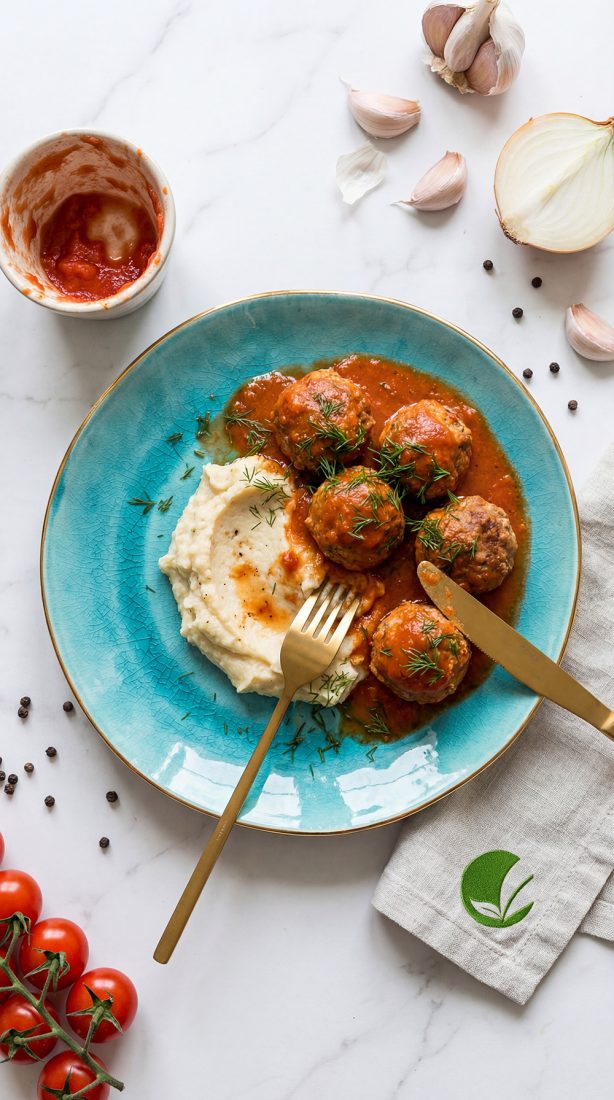 Keto pulpeciki wieprzowe w sosie pomidorowym z mascarpone i puree pietruszkowym