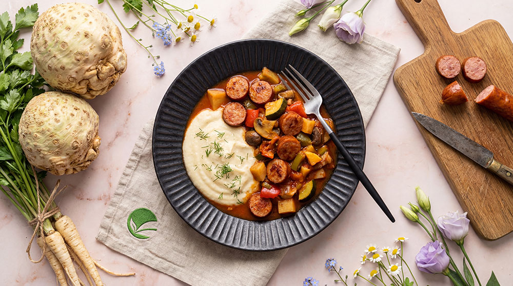 Wiejski keto kociołek z kiełbasą – obiad z puree z selera