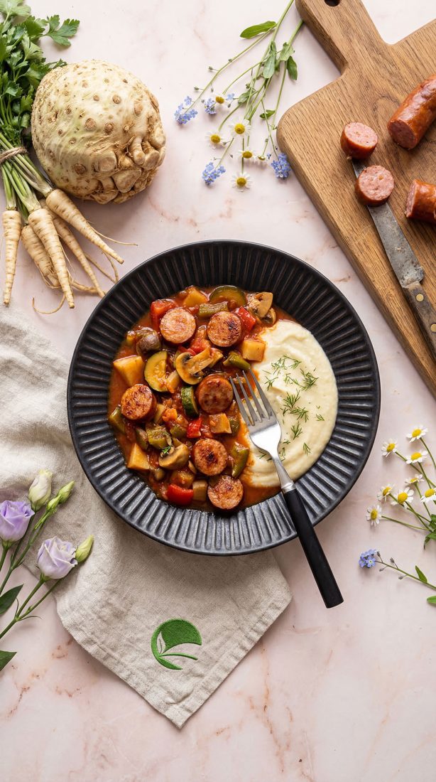 Wiejski keto kociołek z kiełbasą – obiad z puree z selera