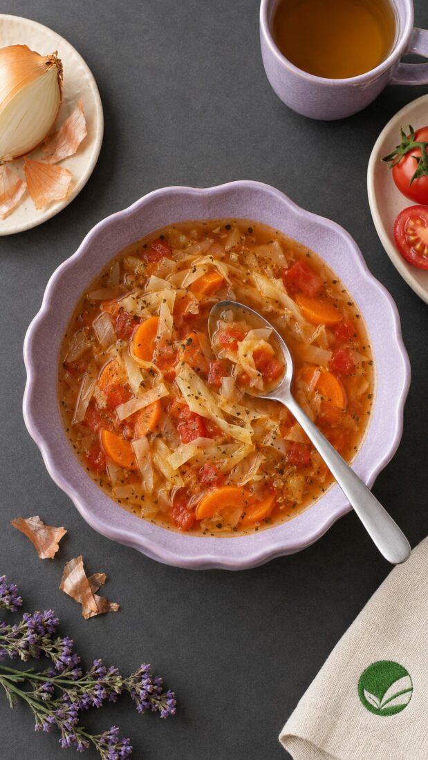 Zupa kapuściana z pomidorem, marchwią i majerankiem