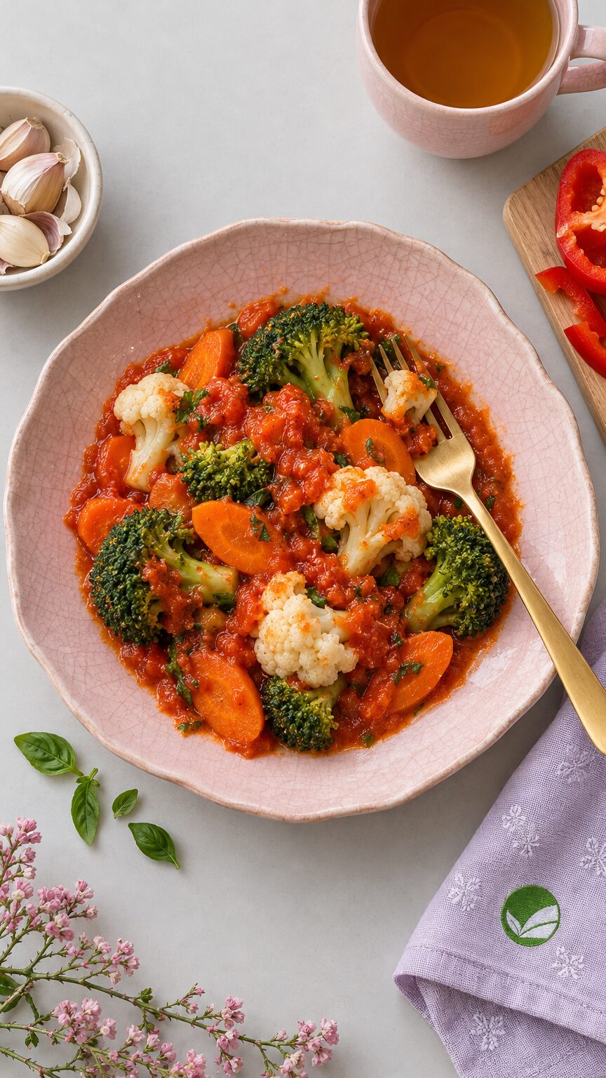 Warzywa na parze z sosem z pieczonej papryki